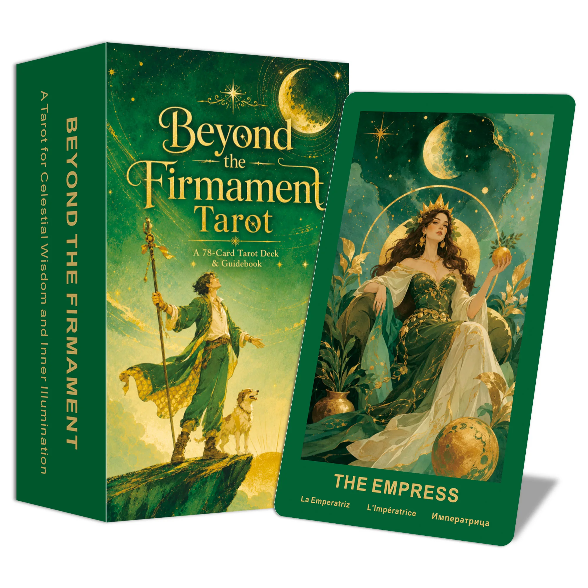 Coffret vert et or du tarot Beyond the Firmament à côté d’une carte illustrée de l’Impératrice