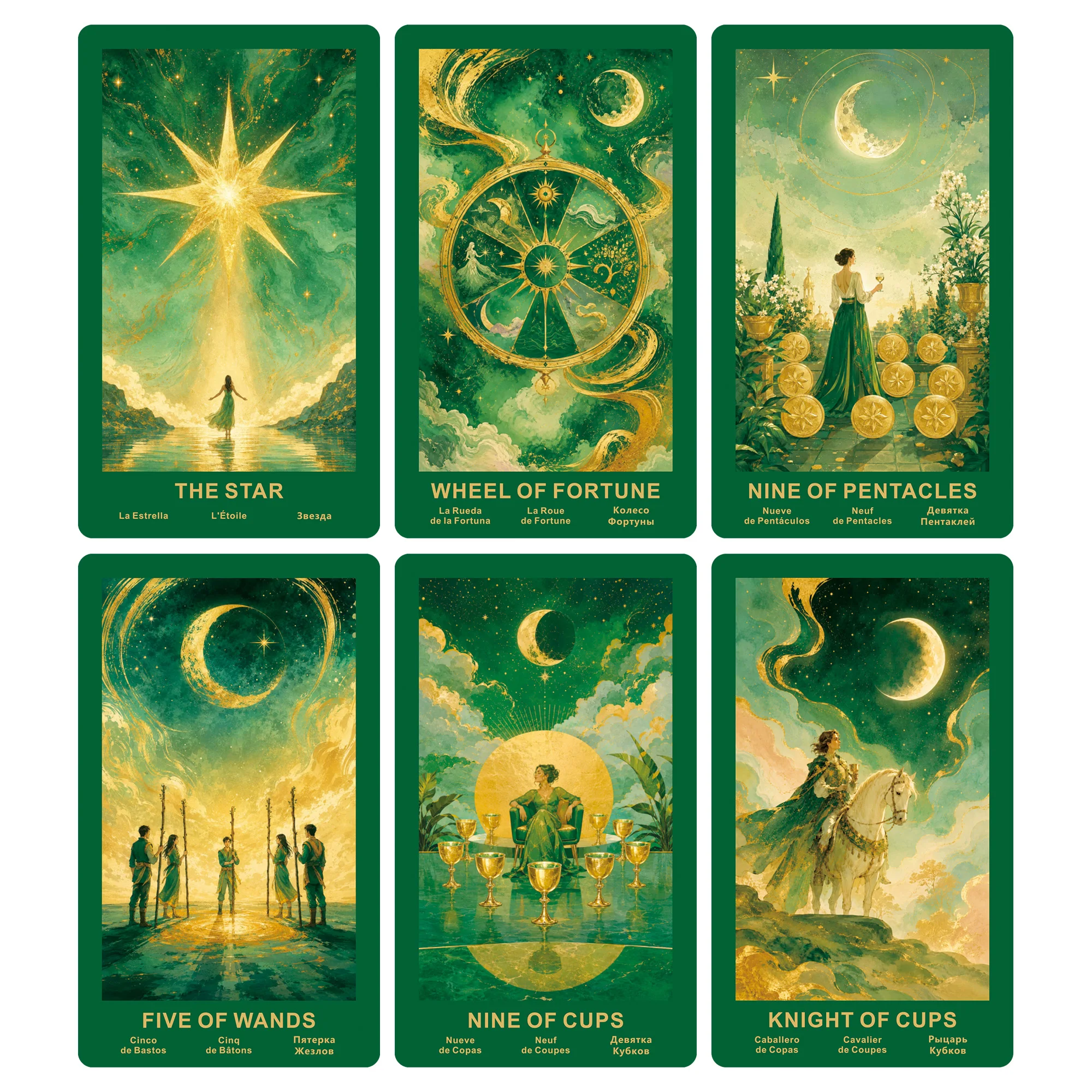 Cartes de tarot vertes aux personnages, fleurs, astres et symboles dorés