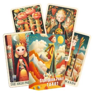 Plusieurs cartes illustrées du Tarot des Contes et des Fables, aux personnages et décors colorés