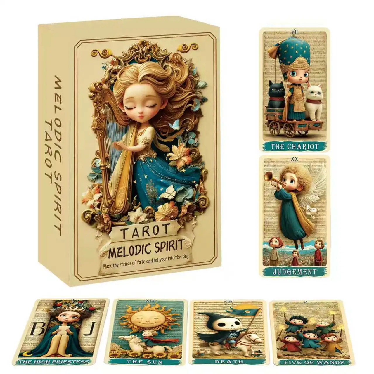Coffret crème Melodic Spirit avec harpe et cartes aux personnages de conte
