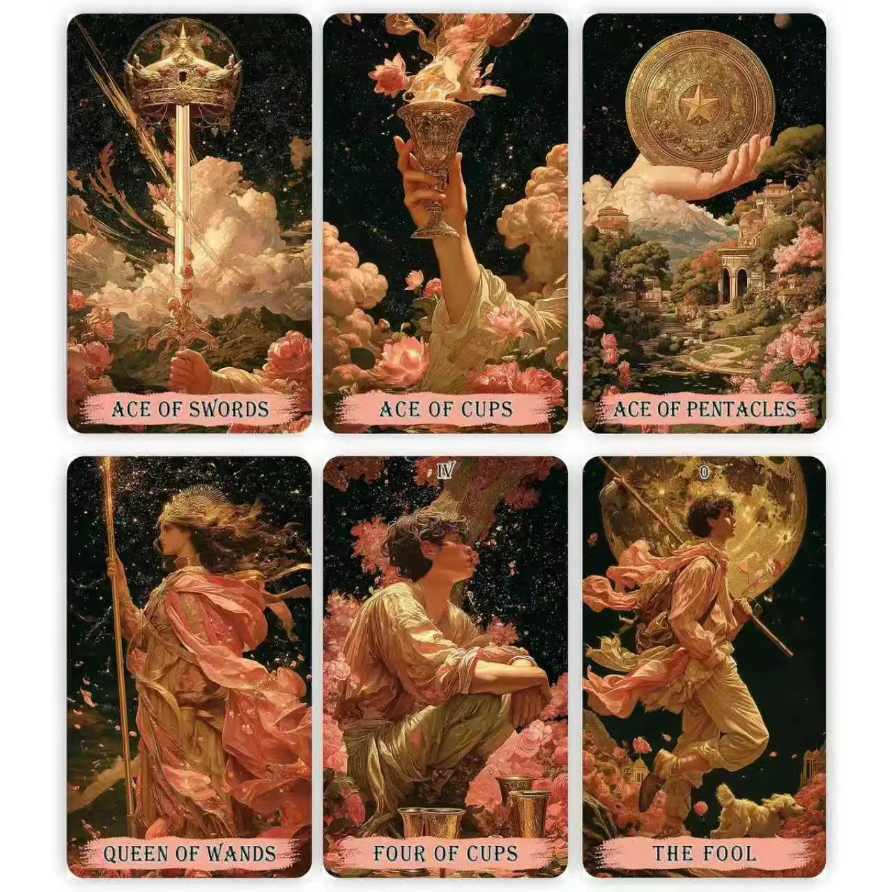 Cartes du tarot floral céleste avec épées, coupes et deniers