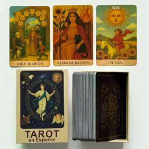 Jeu de tarot aux scènes peintes, cartes espagnoles et boîte sobre