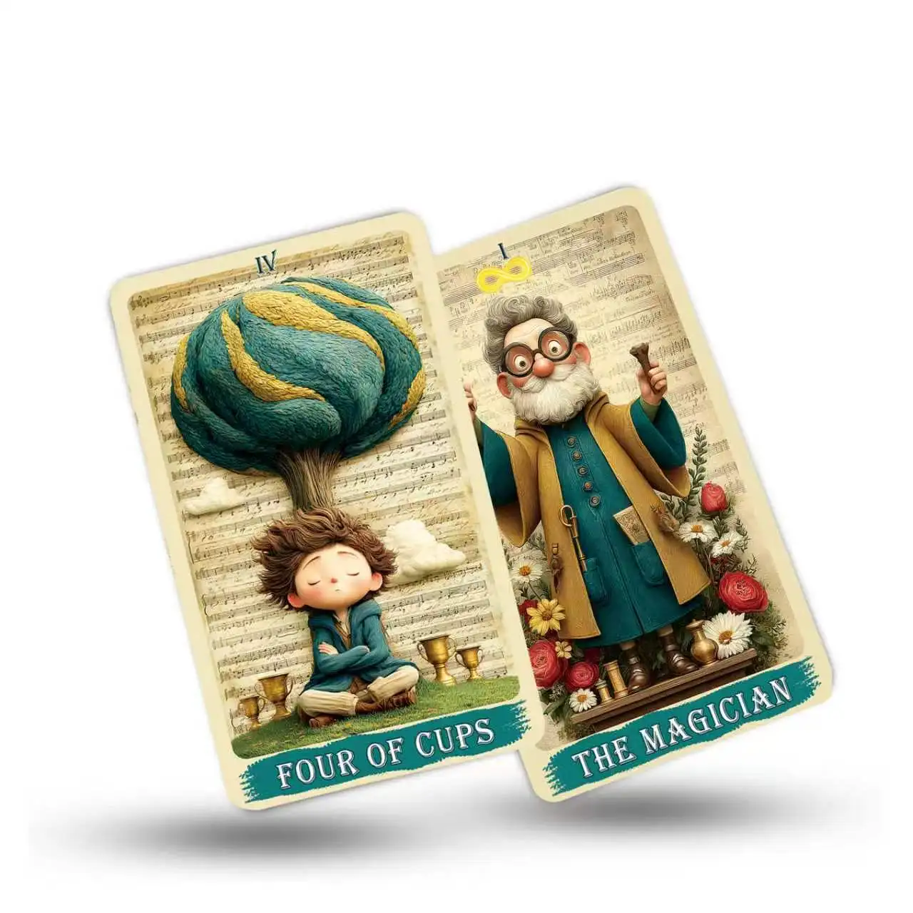 Deux cartes du Tarot Melodic Spirit avec un arbre et un personnage entouré de fleurs