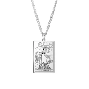 Pendentif tarot La Maison-Dieu argenté, arcane XVI gravé avec tour frappée par la foudre