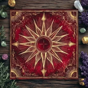 Tapis grenat illustré d’une rose des vents dorée et de motifs solaires