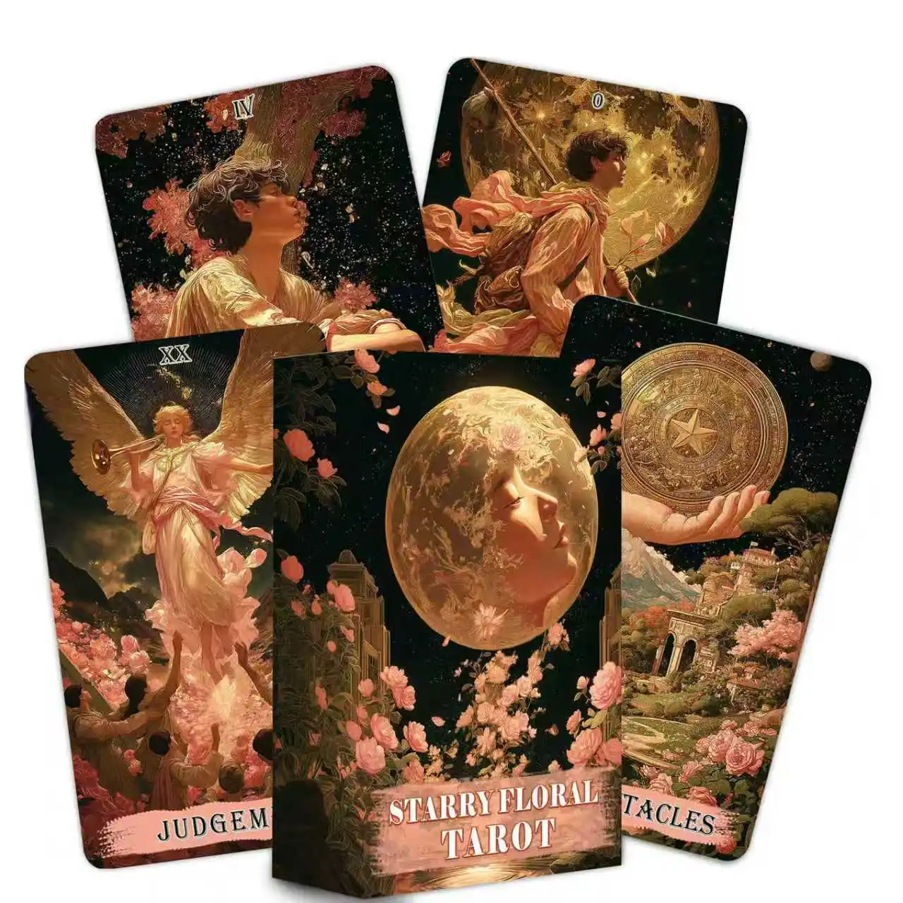 Jeu de tarot floral céleste présenté avec plusieurs cartes illustrées