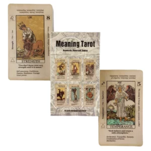 Boîte Meaning Tarot et exemples de cartes Rider-Waite avec mots-clés en anglais