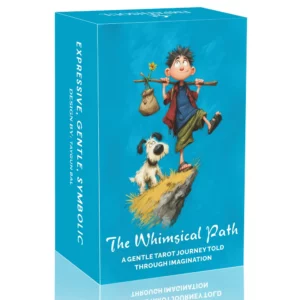 Coffret bleu du Tarot The Whimsical Path illustré par un jeune voyageur et son chien